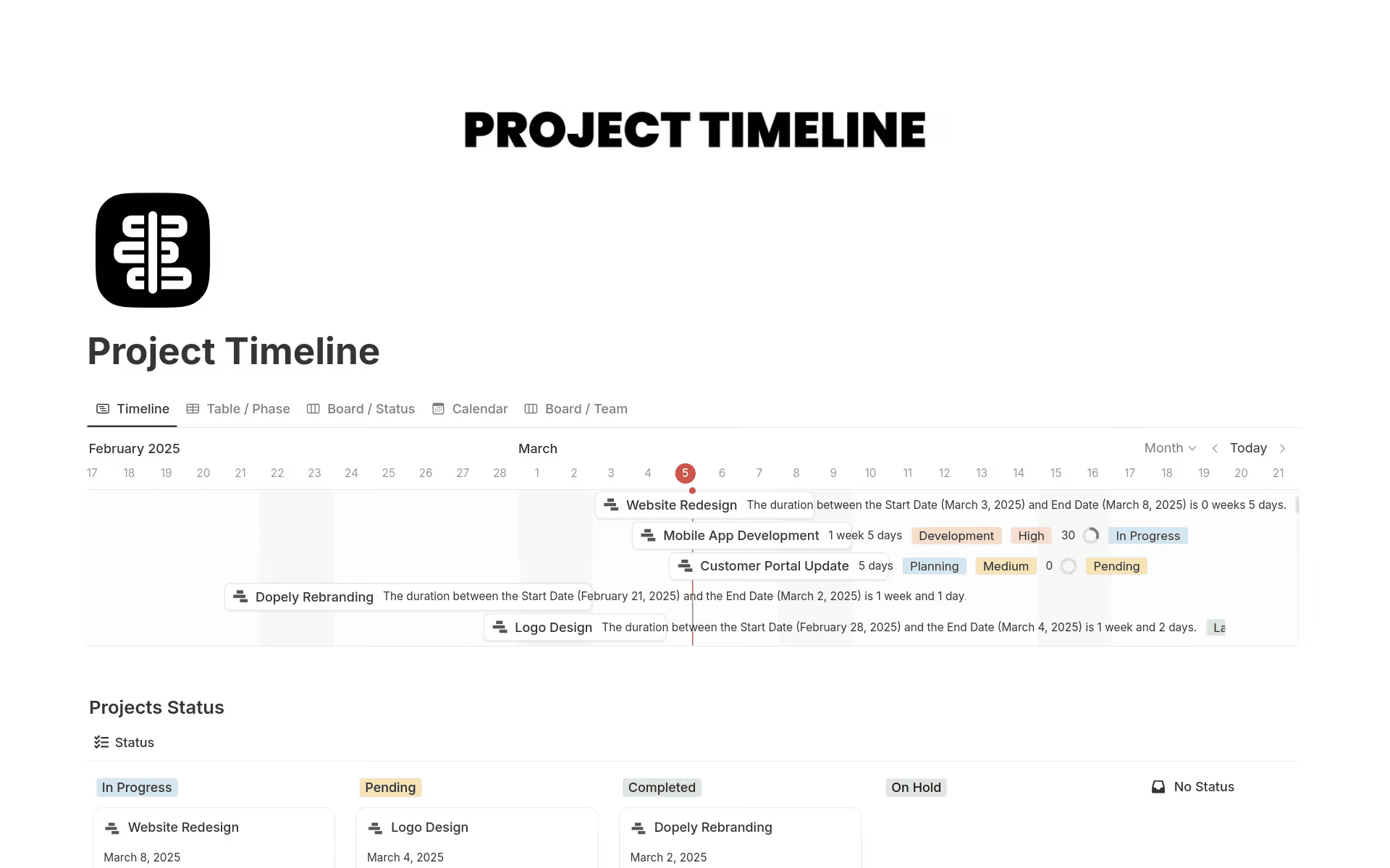 A project timeline template that’s available in Notion