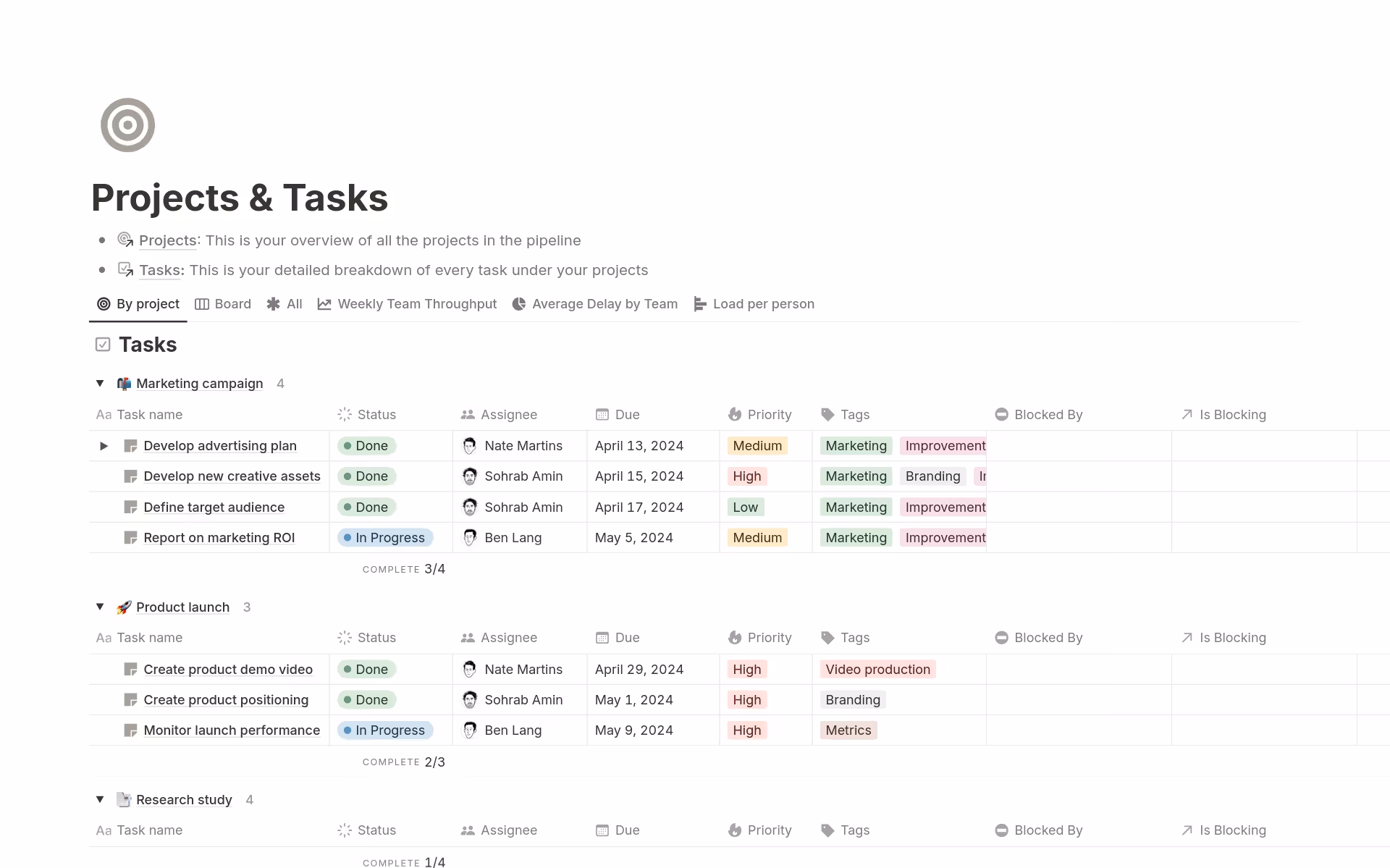 Notion's Project & Tasks template