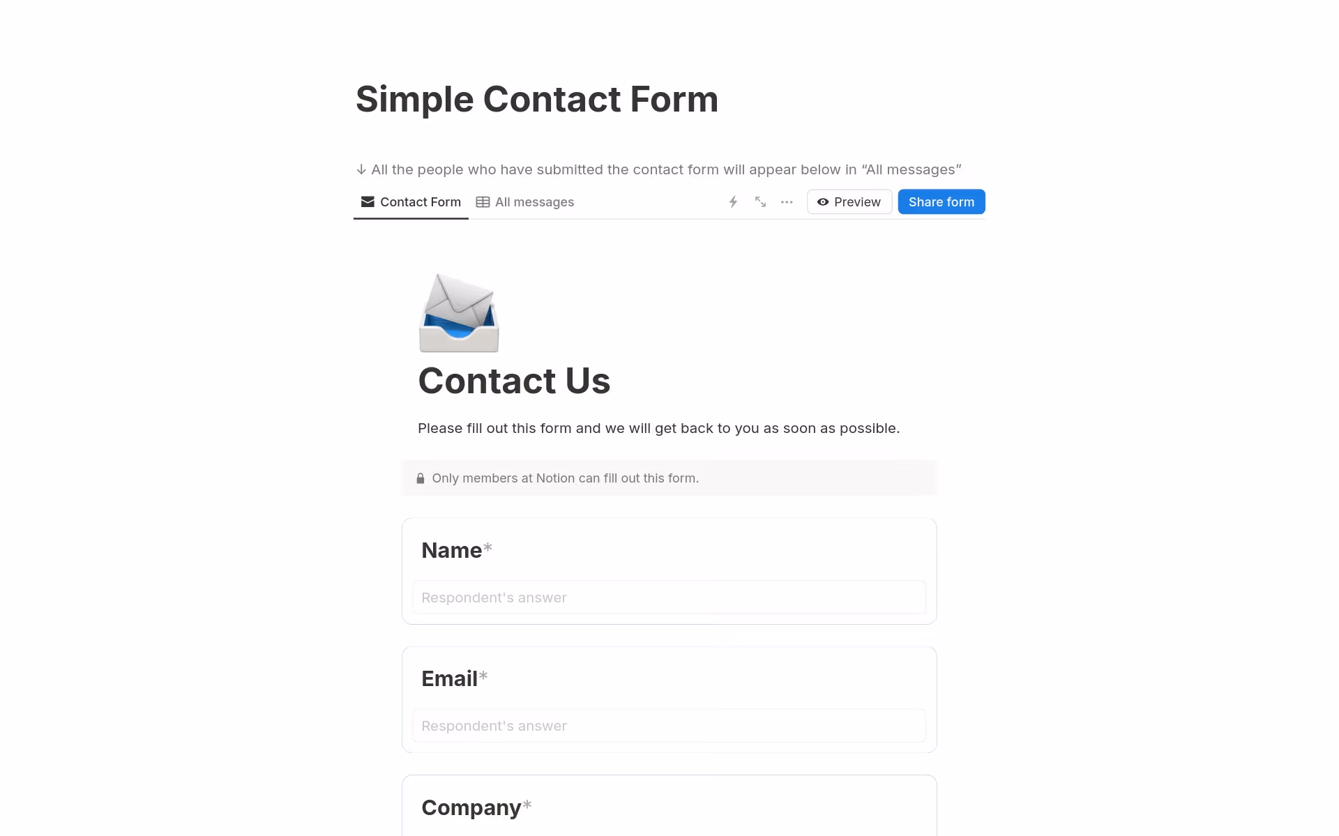 A template preview for Simple contact form